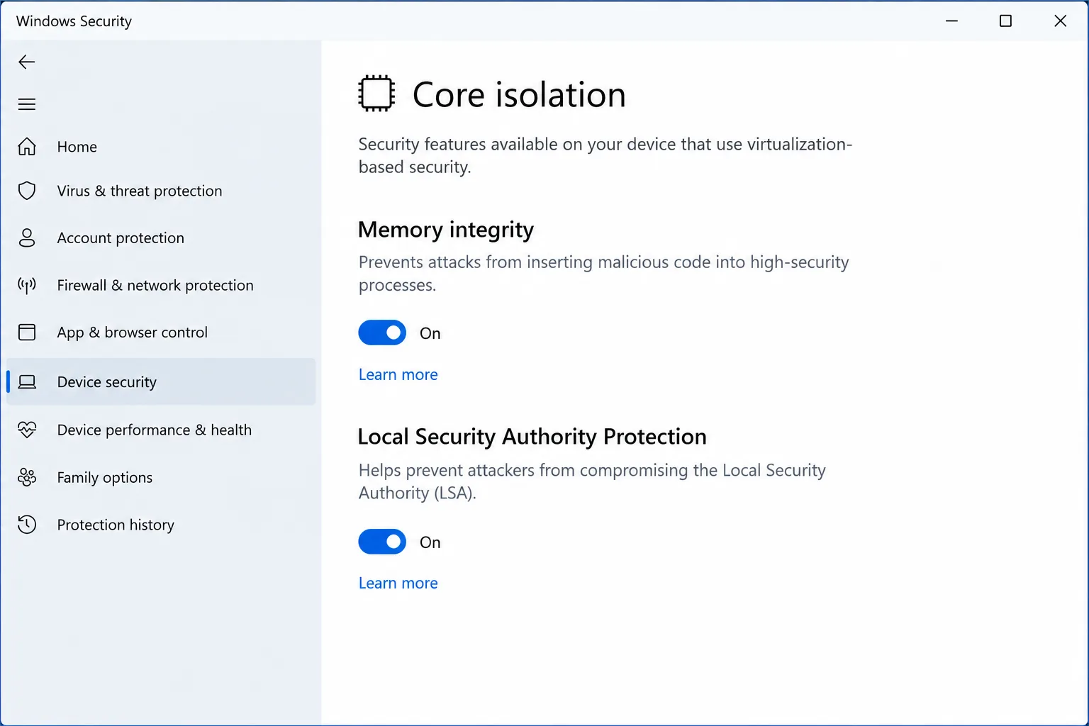 Check Memory Integrity toggle in Windows Security core isolation settings