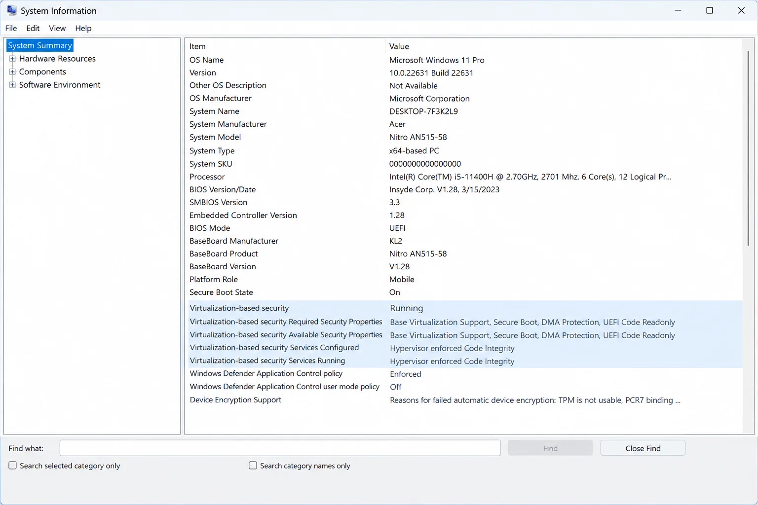 Verify virtualization-based security status in System Information on a gaming PC