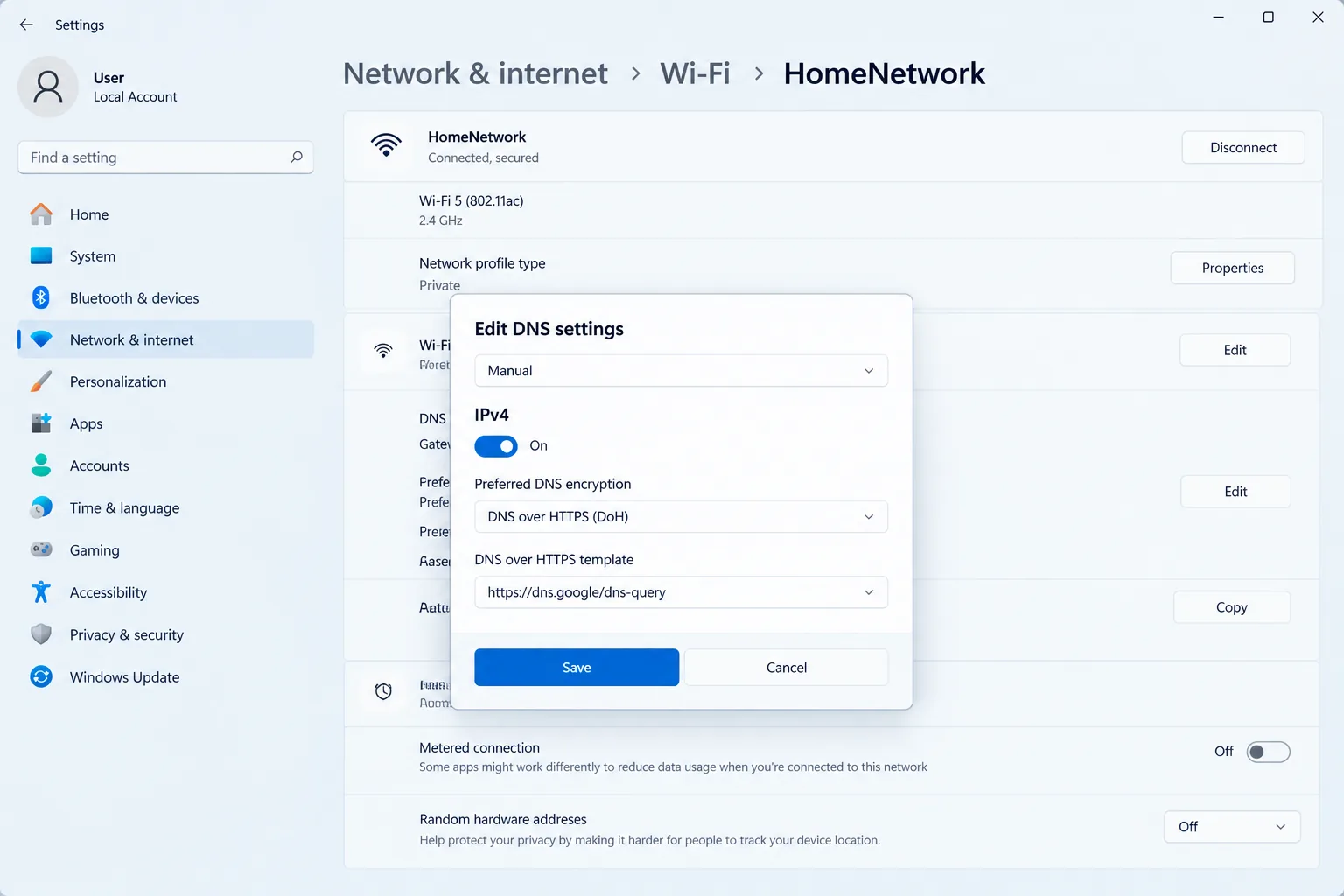 Enable DNS over HTTPS in Windows 11 network settings for gaming