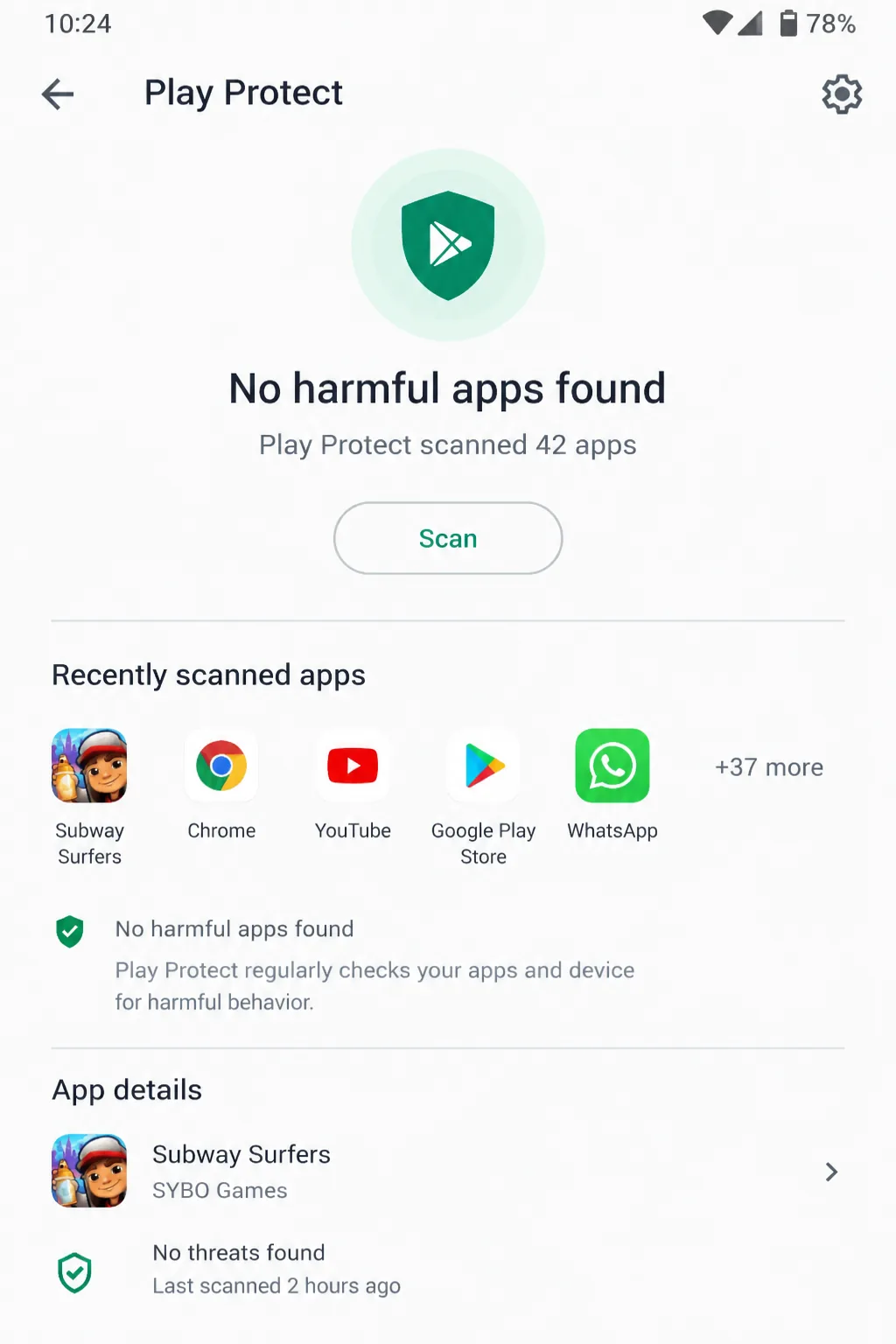 Run a Google Play Protect scan to check mobile gaming app safety on Android.